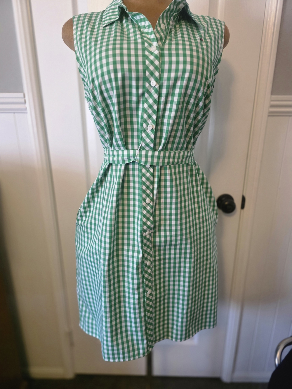 Sleeveless Green Gingham Shirt Dress with Belt-no Stretch